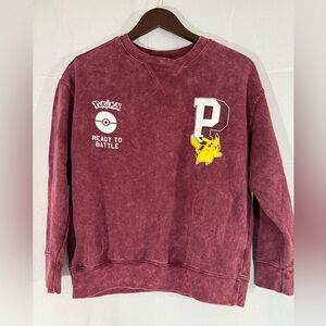 Pokemon Pikachu Ready to Battle Maroon Sweatshirt Graphic Crewneck Kids L 10-12